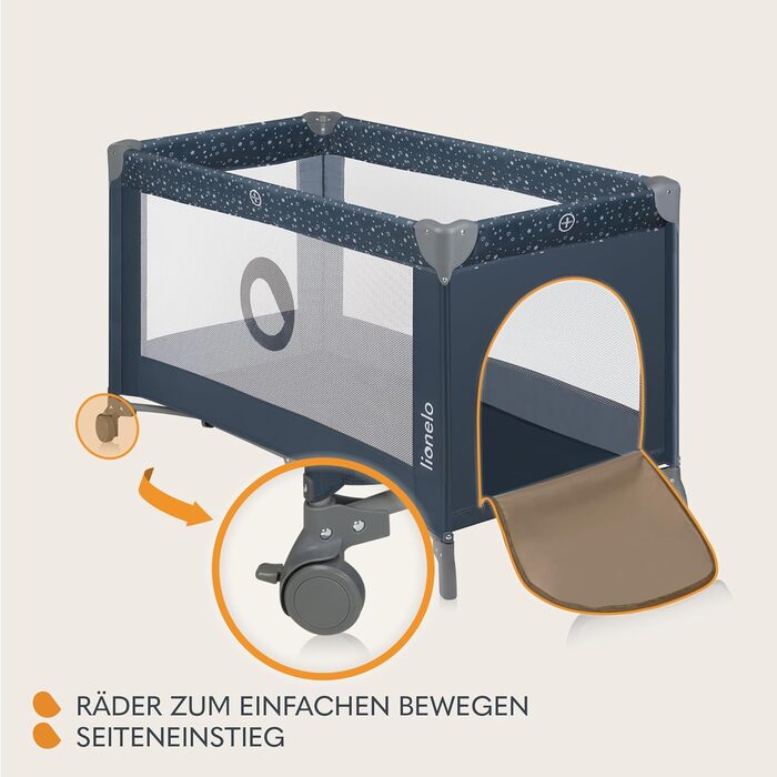 Дитяче ліжечко Lionelo Stefi, дорожнє ліжечко від народження до 15 кг, бічний вхід, система безпеки LockGuard, блокування коліс, сумка для перенесення, складне, синьо-сіре