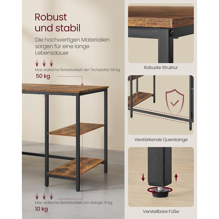 Комп&39ютерний стіл, офісний стіл, письмовий стіл, з 3 полицями, 2 шухлядами, 140 x 60 x 76 см, для офісу, вітальні, індустріальний стиль, вінтажний коричнево-чорний LWD104B01 140 x 60 см Вінтажний коричневий чорний