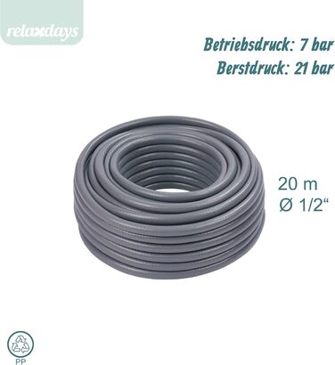 Шланг садовий Relaxdays, на вибір довжини, універсальний водопровідний шланг 1/2, стійкий до УФ-випромінювання та погодних умов, PP, сірий, 20 м