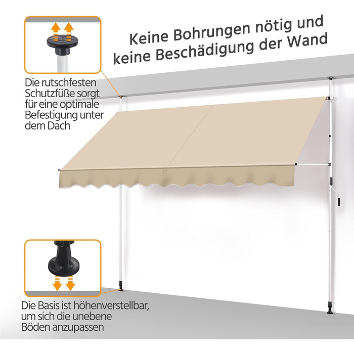 Тент Yaheetech із затискачем, шириною 300 см, для балкону, з ручним приводом, захистом від сонця без свердління, регульованою висотою та каркасом, бежевий, бежевий, 300 см