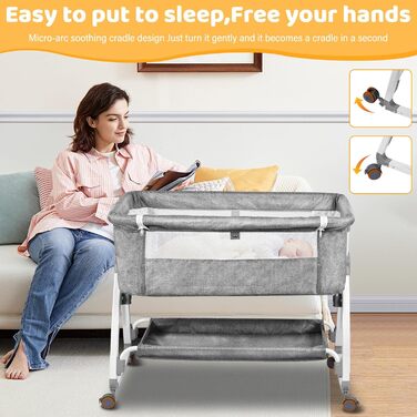 Дитяче ліжечко-тумбочка, дитяче ліжко 3-в-1 з 6 положеннями регулювання висоти та нахилу, а також гальмом, портативна колиска для дому та подорожей