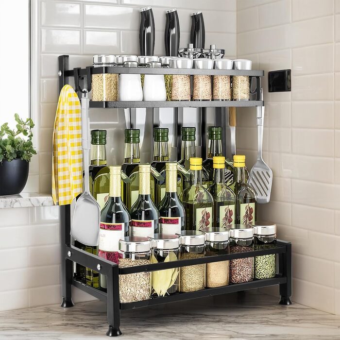 Рівнева стійка для спецій, підставка для спецій на кухонну стільницю, органайзер для стійок для спецій з вуглецевої сталі, чорні стійки для спецій з гачками, органайзер для спецій для кухні, шафи, ванної кімнати, 2-