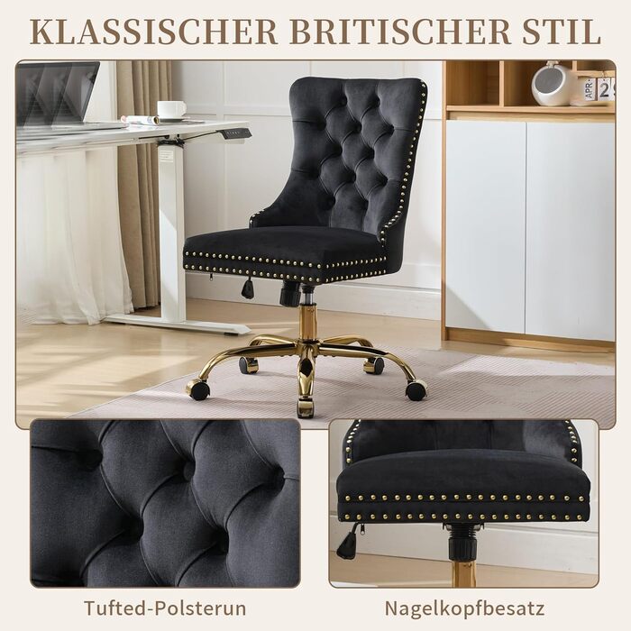 Вінтажне британське оксамитове офісне крісло зі стьобаною спинкою та оздобленням цвяхами, регульоване по висоті, поворотне та з коліщатками, вантажопідйомність до 150 кг - Зручне туалетне крісло для домашнього офісу, чорного кольору