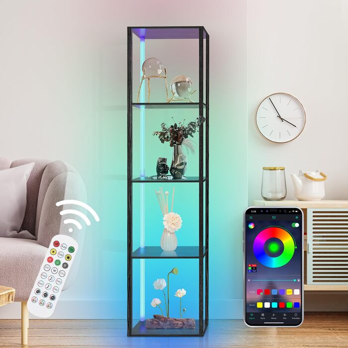 Книжкова полиця зі світлодіодним освітленням, 5-ярусний торшер з полицею, дерев&39яний торшер для вітальні з додатком та пультом дистанційного керування, кутовий торшер для вітальні, спальні, кабінету