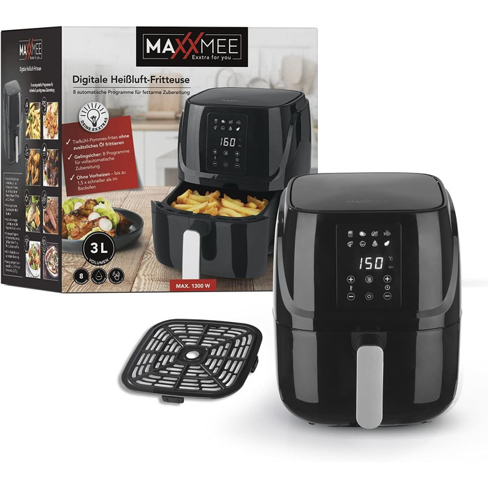 Фритюрниця MAXXMEE Digital 3L Комбінація - конвекційна піч, гриль і фритюрниця 8 Збережені програми та функція таймера Смаження, гриль, запікання, розморожування, нагрівання та підтримання тепла 1300 Вт 3 л