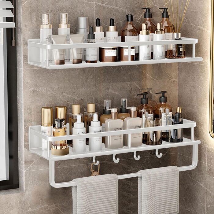 Полиця для душу Devesanter, 2 шт., 40 см, без свердління, для ванної кімнати, з тримачем для рушників та 4 гачками для спальні, вітальні, кухні та ванної кімнати (біла) 40 см