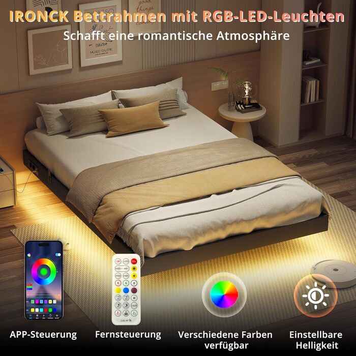 Ліжко IRONCK 140x200 зі світлодіодним освітленням та зарядною станцією, каркас ліжка 140x200 см з м&39якою оббивкою, плаваючий каркас ліжка, каркас ліжка 140x200 см, дитяче ліжко, металеве ліжко з рейковою основою, двоспальне ліжко, сірий колір