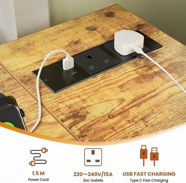 Невеликий L-подібний ігровий стіл з розетками, 140 x 70 см, кутовий комп&39ютерний стіл з великими полицями, що можна перевернути, для домашнього офісу, робоча станція для ПК з гачками для письма, навчання, рустикальний коричневий 140 x 70 см