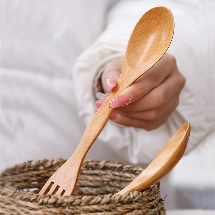 Багаторазових дерев&39яних ложок (21 см), виделка та ложка 2-в-1 з довгою ручкою, легкий комбінований посуд для подорожей, дерев&39яні дорожні столові прибори для походів та туризму, 10