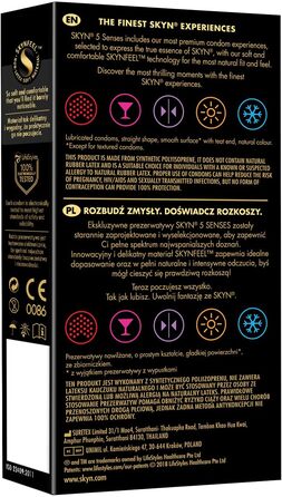 Презервативи SKYN Selection Variety Box Set (30 шт. ) і презервативи 5 Senses (5 шт. ) Різноманітний пакет з 10 оригінальними, 10 презервативами Intense Feel та 10 додатковим мастилом, Emotional Skynfeel