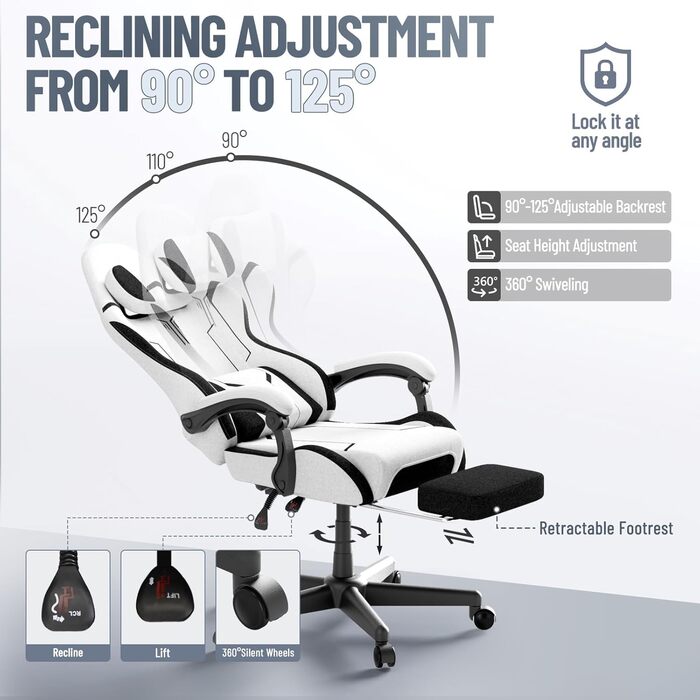 Геймерське крісло з поперековою опорою, ергономічне офісне крісло, регульована спинка, потовщена подушка, міцне ігрове крісло, висувна підставка для ніг, комп&39ютерне крісло з підлокітниками, поворот на 360, біле, 68 см x 68 см x 117 см, сірий