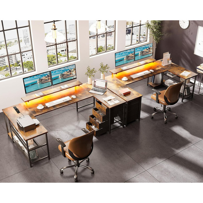 Кутовий стіл ODK з 4 шухлядами та місцем для зберігання, двосторонній кутовий стіл 167102 см з 2 розетками та 2 портами зарядки USB, ігровий стіл зі світлодіодним освітленням та підставкою для монітора для домашнього офісу, вінтажний коричневий