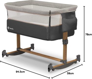 Дитяче ліжечко Lionelo Leonie 3-в-1, функція гойдання, 5-рівневе регулювання висоти, положення нахилу, матрац, знімна бічна панель, колеса, бічна кишеня, легке транспортування, сірий колір