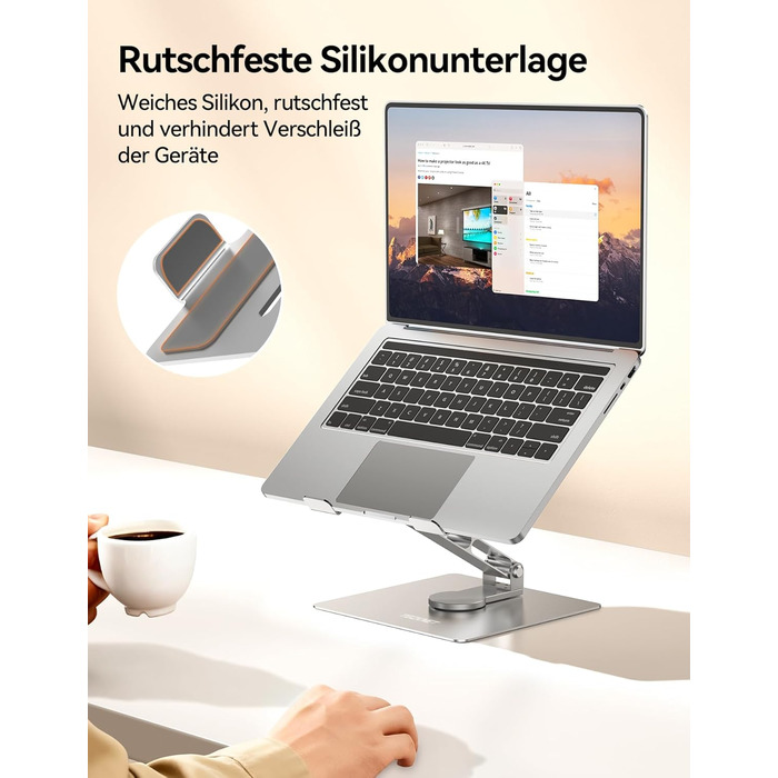 Стійка для ноутбука TECKNET поворотна на 360, регульована по висоті, складана, ергономічна підставка для ноутбука на стіл. Сумісна з MacBook Air/Pro до 16. Срібляста.