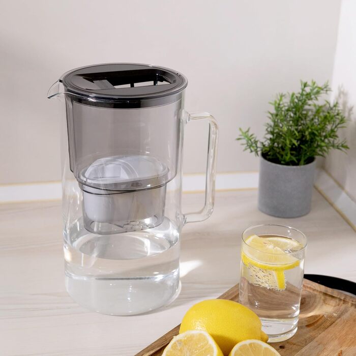 Скляний глечик для фільтра води Wessper 3л, заміна картриджів для Dafi Unimax Aquaphor A5 BRITA Maxtra PHILIPS AWP212/10, включаючи 1 картридж для фільтра для води, зменшує вапняний наліт і хлор, чорний