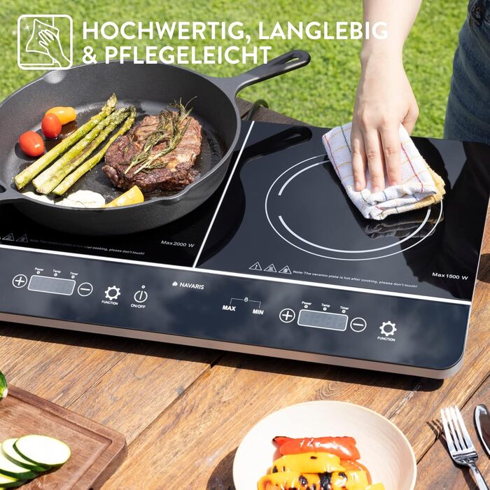 Індукційна плита Navaris 2 Plate - Мобільна на 3500 Вт - Портативна подвійна варильна поверхня для кемпінгу - Індукційна плита з сенсорним дисплеєм таймера та виявленням горщика Чорний глянсовий