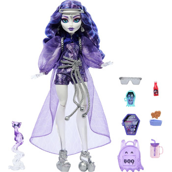 Лялька Monster High Spectra Vondergeist з тхором Руеном та аксесуарами, такими як рюкзак, планшет, снеки та інше, HXH77