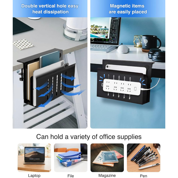 Підставка для ноутбука та планшета на стіл, бічна полиця для зберігання, двоярусна з тримачем для ручок (чорна)