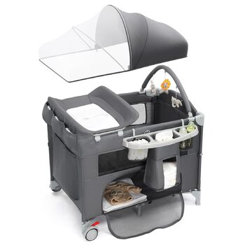 Приліжкове ліжечко 5-в-1, дорожнє ліжечко, дитяче ліжечко з пеленальною підкладкою, містким кошиком для зберігання, москітною сіткою, ігровою аркою та дорожньою сумкою для новонароджених та малюків (сірий колір)