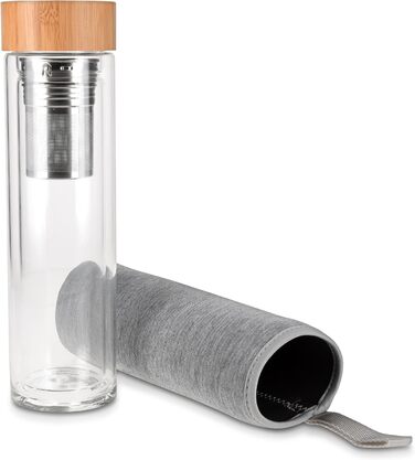 Скляна пляшка для чаю Navaris з нержавіючої сталі - пляшка для чаю 500 мл, чайник на винос - пляшка для пиття з боросилікатного скла з подвійними стінками та сірим прозорим рукавом
