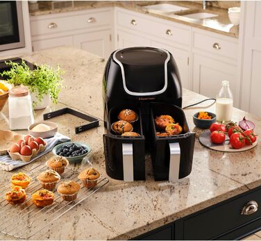 Двокамерна фритюрниця Russell Hobbs 2 відділення кожне 4,25 л, можна використовувати лише окремо, загальний об'єм 8,5 л Технологія швидкої фритюрниці (8 програм, можна мити в посудомийній машині, сенсорний екран) Аерофритюрниця 27290-56S