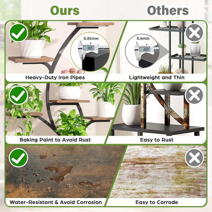 Підставка для рослин з лампою для вирощування - 7-ярусна підставка для квітів 112 см, полиця для рослин з металу та дерева - Квіткові драбини для приміщень та вулиці - Декоративна чорна квіткова підставка для балкону в приміщенні