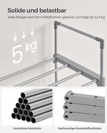 Рівнева взуттєва полиця, висока відкрита шафа для взуття, вузька підставка для взуття, металеве місце для зберігання взуття, компактне, для гардеробної, передпокою, 30 x 45 x 174 см, сірий LSA025G02 10 ярусів (45Ш см) сірий, 10-