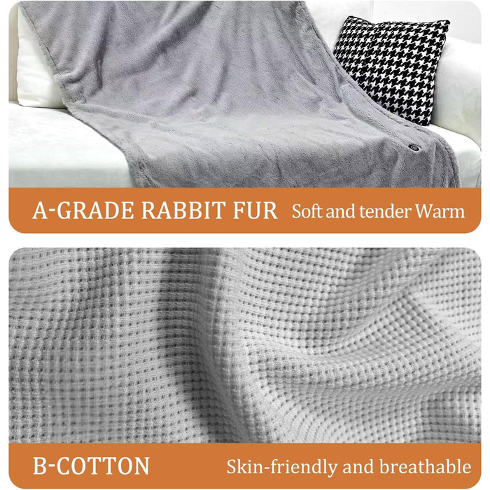 Бездротова електрична ковдра з 8-зонним обігрівом, 3 режими нагріву, подовжувач 1,5 м, хутро кролика, можна прати, електрична ковдра, яку можна носити, для дивана, офісу, автомобіля, кемпінгу, сіра