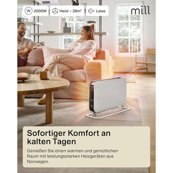 Електричний радіатор Mill 2000 Вт, Електричний конвекторний обігрівач 24-28 м, Окремостоячий електричний обігрівач, Тихий електричний обігрівач, Електричний радіатор з термостатом, Електричний обігрівач для використання в приміщенні, Білий, 24-28 м MEC
