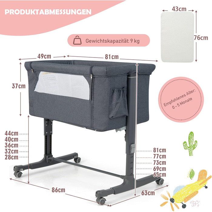 Дитяче ліжечко COSTWAY 3-в-1, дитяча колиска та дорожнє ліжечко, 5-позиційне регульоване по висоті, ліжечко з матрацом, сумка для перенесення, колиска для дітей вагою до 9 кг (темно-сірий) Темно-сірий з бічною кишенею