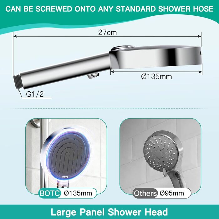 Економна душова лійка високого тиску, 7 режимів струменя з верхнім розпилювачем, велика ручна лійка 135 мм, душова лійка з функцією захисту від накипу, хромована