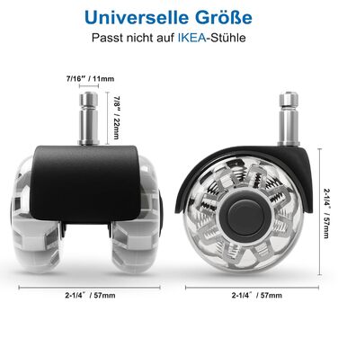 Коліщатка для офісних стільців (1000 кг) - 122 мм, плавно котячі та тихі ролики для твердої підлоги, стілець для ігрових стільців, підходить для будь-якої підлоги, без подряпин (комплект з 5 шт.) сірого кольору 11 мм