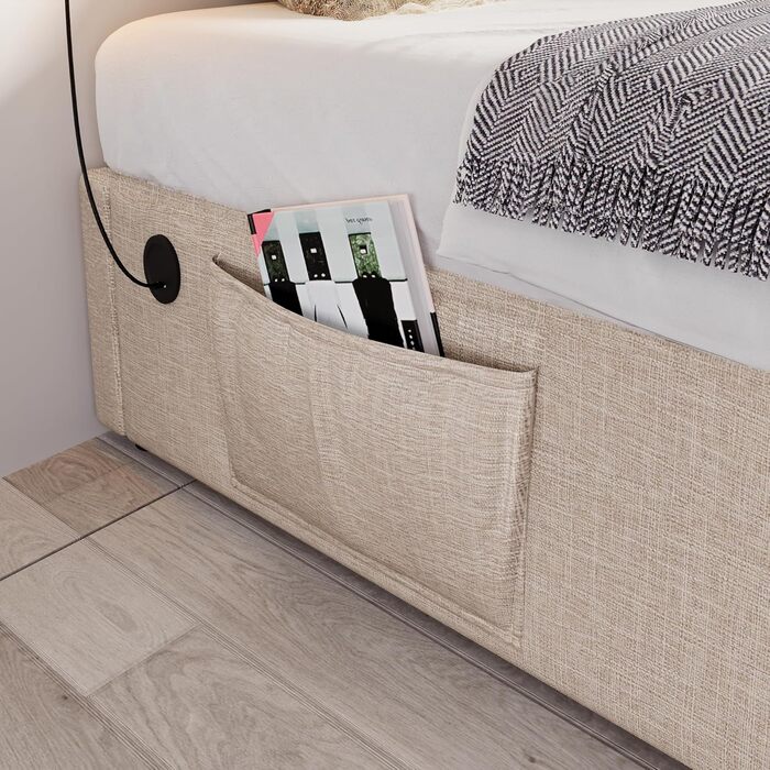 М&39яке ліжко 140x200 см без узголів&39я, ліжко з місцем для зберігання речей, двоспальне ліжко, каркас ліжка з рейковою основою по всій поверхні, лляне, функціональне ліжко, без матраца (натуральний), 140x200 см