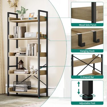 Ярусна книжкова полиця, висока, вузька, тонка дерев&39яна полиця, промисловий склад для вітальні, домашнього офісу дубове покриття (30Г x 64Ш x 160В см), 5-