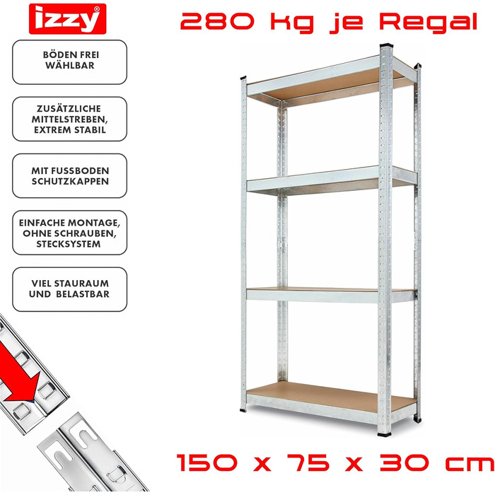 Полиця, міцна металева полиця для підвалу, надміцна полиця, полиця для зберігання, що вставляється в розетку, легко збирається, оцинкована, 4 полиці розміром 150 x 75 x 30 см, вантажопідйомність 280 кг 1 полиця - 150 x 75 x 30 см, 1