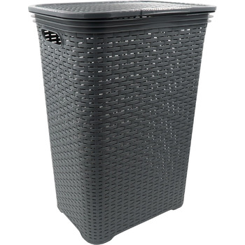 Кошик для білизни з кришкою з ротанга, пластиковий для зберігання білизни, сортувальник для білизни (65 л - квадратний, антрацит)