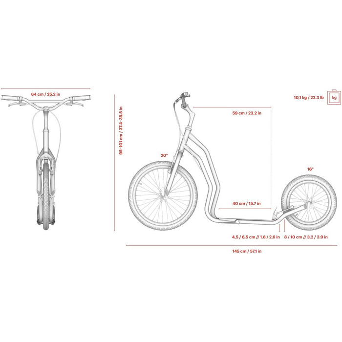 Самокат YEDOO Mula - до 150 кг, самокат з пневматичними шинами 20/16 - для дорослих, самокат з підставкою і регульованим кермом, с