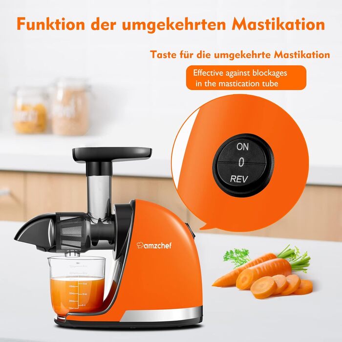 Переможець тесту овочів та фруктів на соковижималку AMZCHEF - Соковижималка Повільна соковижималка з функцією зворотного жування - Ніжне подрібнення без фільтрації - Електрична соковижималка зі щіткою та 2 чашками - Яскравий помаранчевий