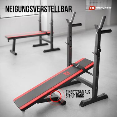 Складана силова лава Hop-Sport, багатофункціональна тренувальна лава зі стійкою для штанги та станцією для віджимань, ідеально підходить для тренувань на прес, силових тренувань та домашнього фітнесу - максимальне навантаження 250 кг