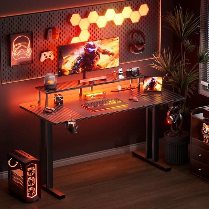 Ігровий стіл зі світлодіодним освітленням, комп&39ютерний стіл 120 x 60 см з розетками та USB-портом для зарядки, ігровий стіл з підставкою для монітора, карбоновим покриттям, підсклянником та гачком для навушників, чорний 120 x 60 см