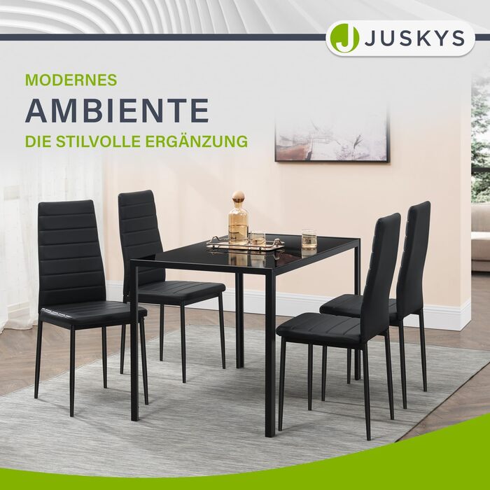 Обідні стільці Juskys Loja, комплект з 4 шт. , з оббивкою зі штучної шкіри та високою спинкою - міцний сталевий каркас, витримує вагу до 120 кг - 4 стільці для їдальні та кухні, кухонні стільці, обідній стілець, чорний, комплект з 4 шт.