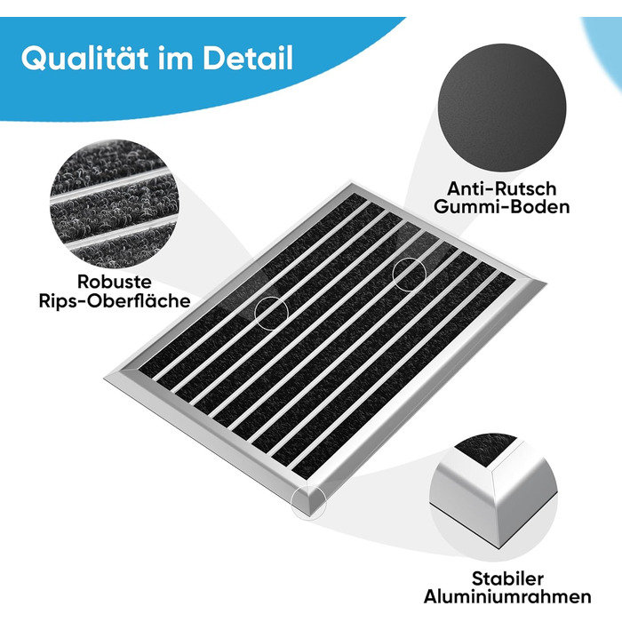 Килимок для вулиці, сірий, 80 x 50 см, алюмінієвий килимок, килимок для вулиці, алюмінієвий брудозатримуючий килимок, килимок для вулиці, килимок для входу, килимок для входу в будинок, килимок 50 x 80 см (прямокутний) зі срібною облямівкою