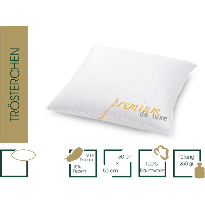 Пухова подушка преміум-класу de Luxe Comfort 50x50 см - Зроблено в Німеччині. М&39яка пухова подушка зі 100 бавовни - 90 пух, 10 пір&39я. Подушка для алергіків.