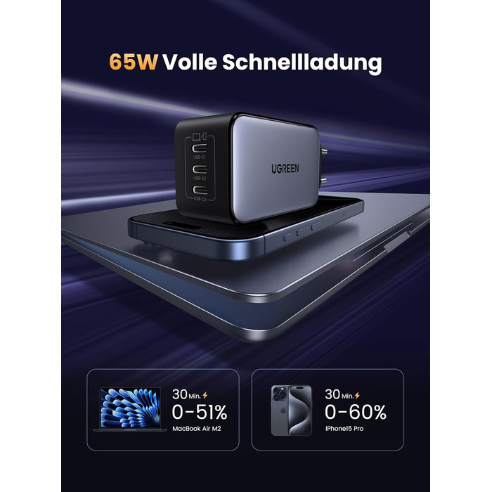 Адаптер живлення з 3 шт. USB-C портом швидкої зарядки Компактний зарядний пристрій, сумісний з MacBook Pro/Air, ноутбуком HP, iPad