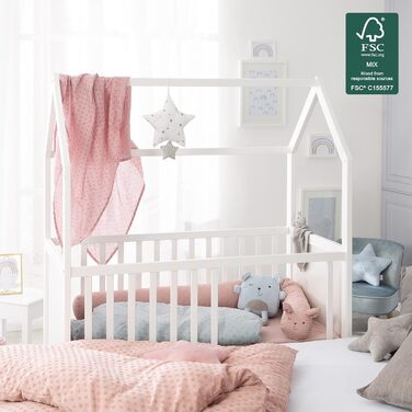 Дитяче ліжко, домашнє ліжко 60 x 120 см, сертифіковане FSC, біле, регульоване у 6 напрямках, як дитяче та приліжкове ліжко в комплекті з пеленальним столиком, біле