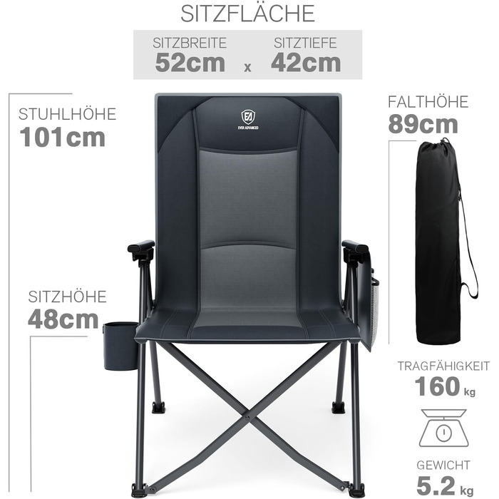 Складане кемпінгове крісло EVER ADVANCED, регульована спинка в 4 положеннях, вантажопідйомність 160 кг, розкладне кемпінгове крісло з бічною кишенею та тримачем для напоїв, рибальське крісло для кемпінгу, саду, балкону, сіре, 2 шт.