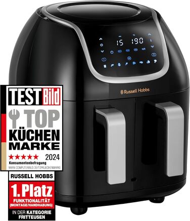 Двокамерна фритюрниця Russell Hobbs 2 відділення кожне 4,25 л, можна використовувати лише окремо, загальний об'єм 8,5 л Технологія швидкої фритюрниці (8 програм, можна мити в посудомийній машині, сенсорний екран) Аерофритюрниця 27290-56S