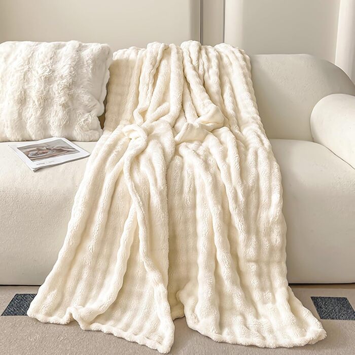 Ковдра-бульбашка - Біла м&39яка ковдра з кроликом, пухнаста, товста та тепла ковдра для дивана на зиму, ковдра зі штучного хутра, ковдри для вітальні та м&39які, плюшева ковдра для дивана та ліжка, плед для дивана 150 x 200 см, білий