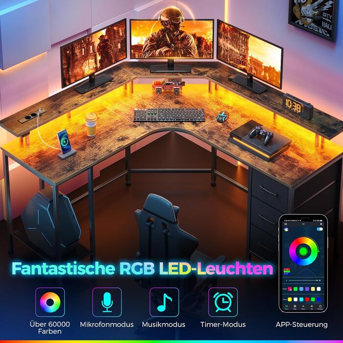 Г-подібний ігровий стіл на сім столів зі світлодіодним освітленням та розетками, кутовий стіл з 3 тканинними шухлядами та місцем для зберігання, комп&39ютерний стіл для домашнього офісу та ігор на ПК, рустикальний коричневий, 13513588 см, вінтажний коричн