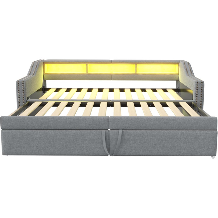 М&39яке ліжко, розкладне ліжко 90/180x200, кушетка/диван-ліжко зі світлодіодним підсвічуванням, USB-портом та відділенням для зберігання речей, односпальне/двоспальне ліжко, функціональний каркас ліжка з рейковою основою, лляне, без матраца, світло-сірий 